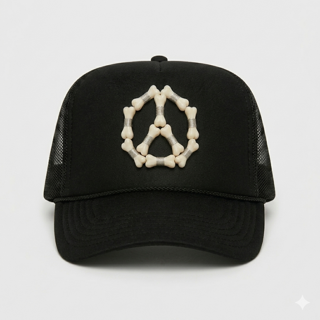 Silver + Black “Peace” 3D Bones Trucker Hat