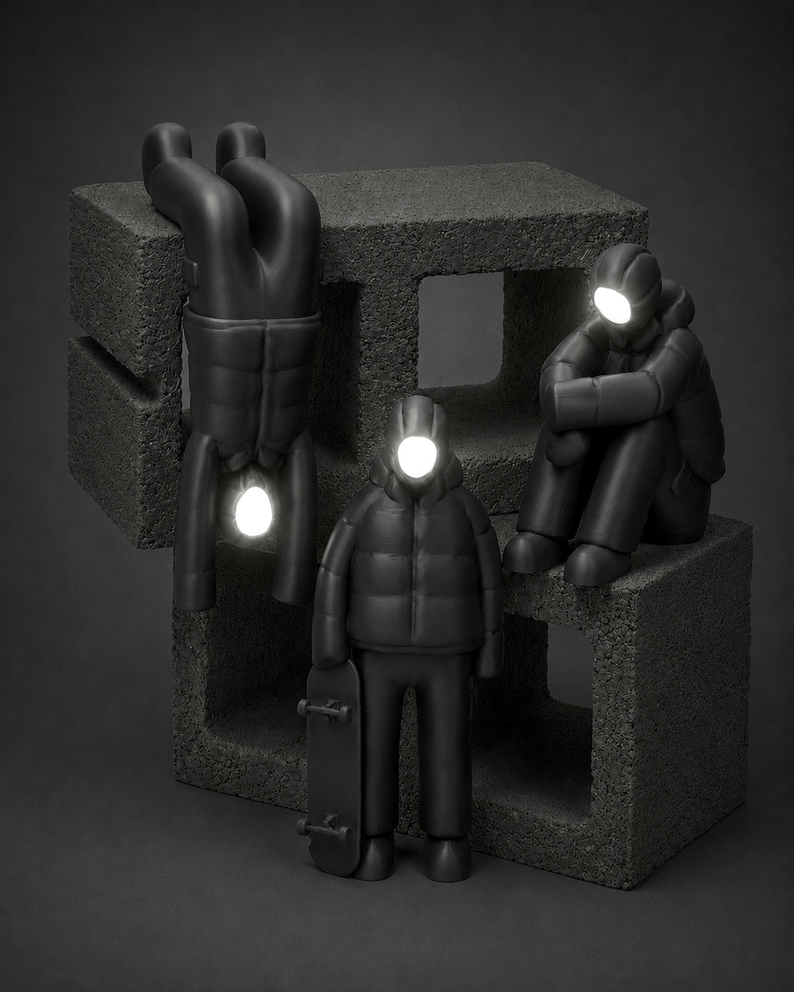 dangling-ledge figurine + illuminated face